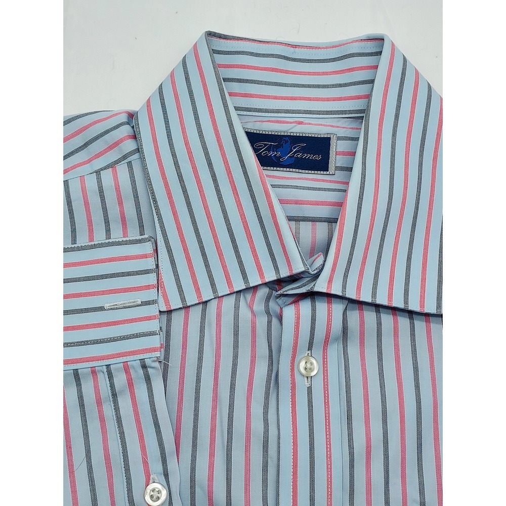 Tom James Mens Dress Shirt Striped Custom Made Light Blue Pink Gray‎